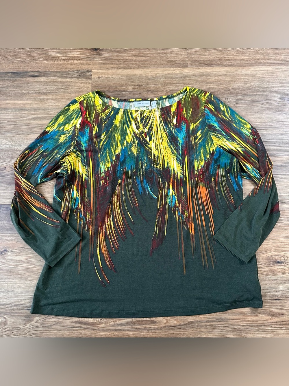 Susan Graver Long Sleeve Blouse Plus 3X Liquid Knit Shirt Green Peacock Colorful